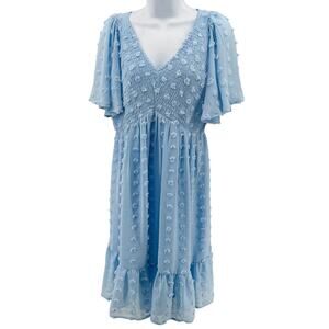 Jodifl Mini Dress M Baby Blue Smocked Swiss Dot Ruffle Hem Lined Flutter Sleeve